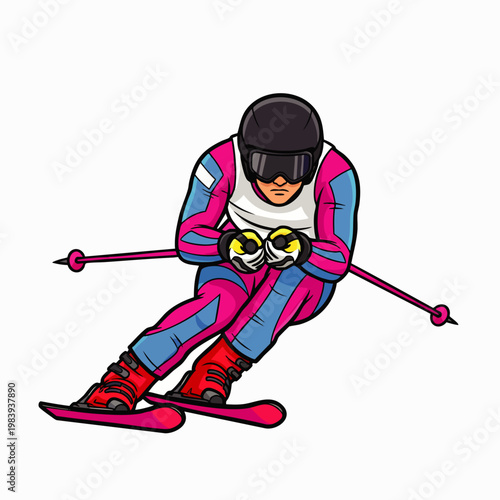 Dynamic downhill skier in action, speeding down a snowy slope, showcasing the thrill and speed of winter sports. Cartoon vector illustration of an athlete.