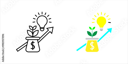 Minimal outline icon set. of money bag with plant, light bulb, and upward arrow representing investment growth, financial ideas, and business success.