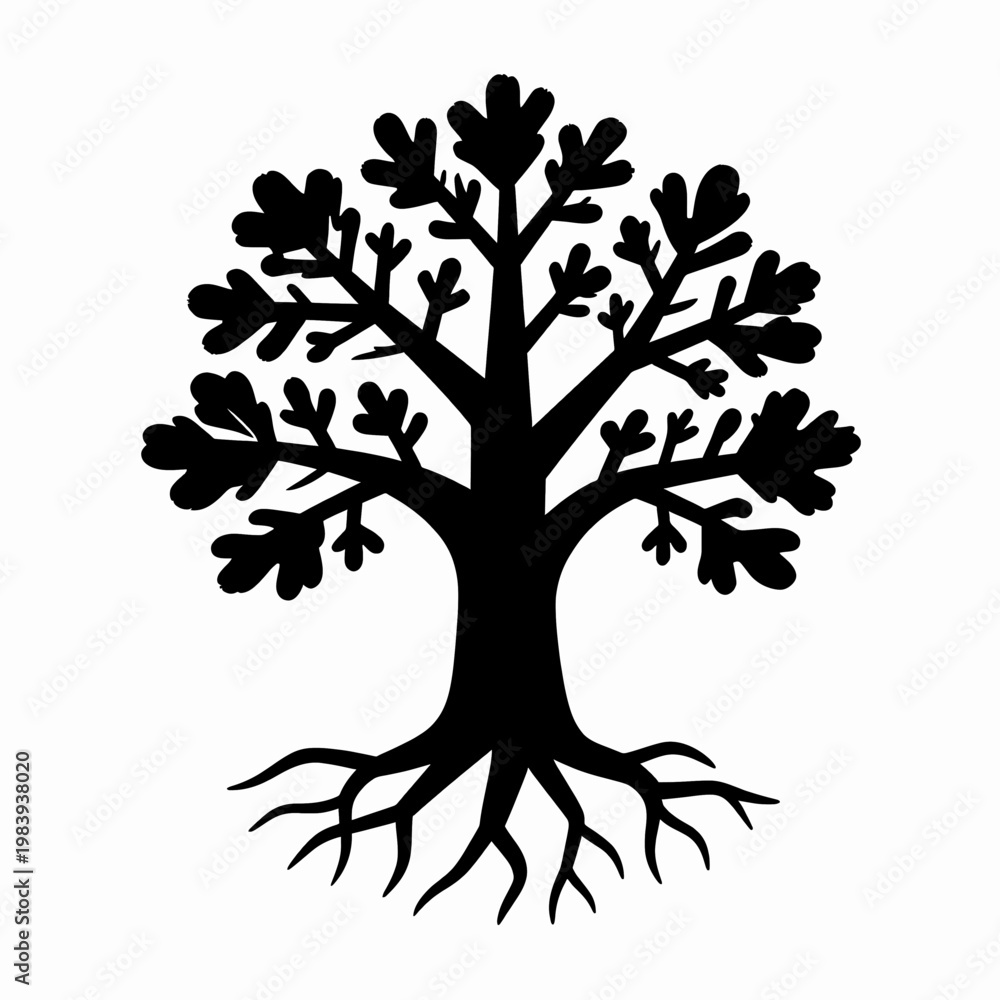 Obraz premium Symmetrical flat vector illustration of a single black oak tree with deep roots and lush leaves, minimalist nature concept, organic silhouette isolated on white background, tree of life symbol.