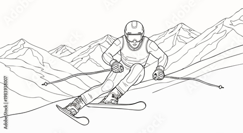Dynamic line art illustration of a professional skier racing down a snowy mountain slope, capturing the thrill and speed of winter sports. Great for coloring pages.