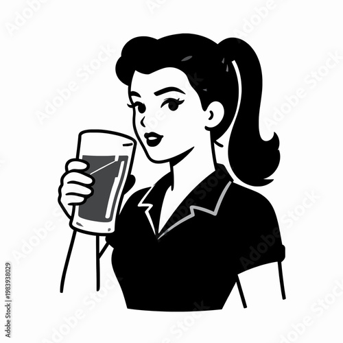 Retro Style Adult White Woman Holding a Frothy Glass of Beer, Vintage 1950s Pinup Aesthetic Vector Illustration, Smiling Female Enjoying a Drink Indoors, Classic Mid-Century Graphic Design
