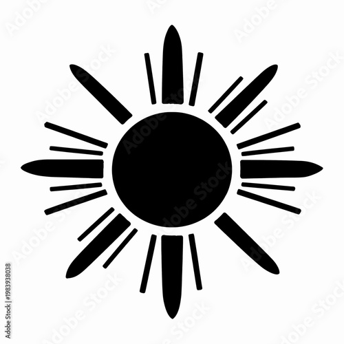 Minimalist Black Sun Vector Illustration, Tribal Zia Inspired Solar Symbol, Geometric Indigenous Cultural Sign, Abstract Flat Icon Isolated on White, Spiritual Sunburst Design for Graphic Arts