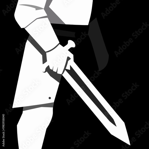 Gothic medieval knight hand holding a heavy broadsword, flat vector illustration of an armored warrior in a dark fantasy setting, isolated black and white minimalist graphic for gaming and history.