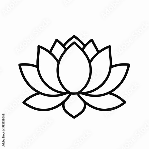 Symmetrical black and white lotus flower vector illustration, minimalist floral zen yoga concept, elegant line art of a single blooming water lily isolated on white background for wellness design