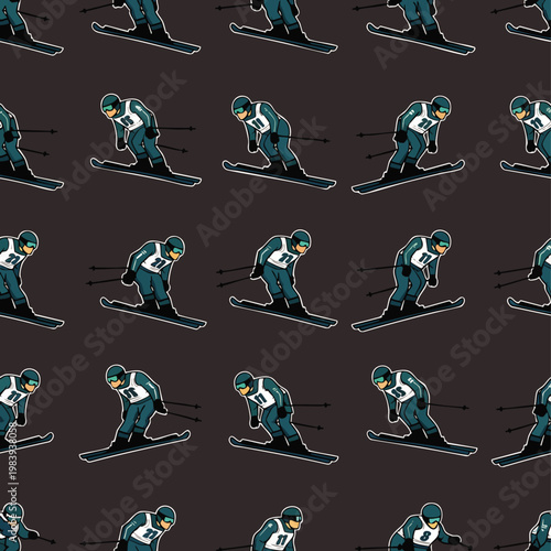 Seamless pattern of retro cartoon skiers in action, downhill skiing on a dark background, perfect for winter sports designs, fabric, or wallpaper.