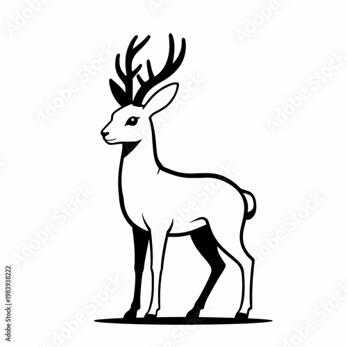 Flat vector illustration of a single mythical jackalope standing alert, vintage black line art of a horned rabbit creature isolated on white, folklore fantasy animal concept for graphic design