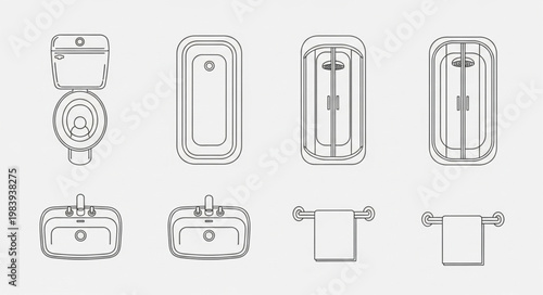 Collection of bathroom fixtures and accessories line art.