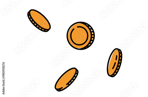 宙を舞うシンプルな手描き風のゴールドコインの線画イラスト