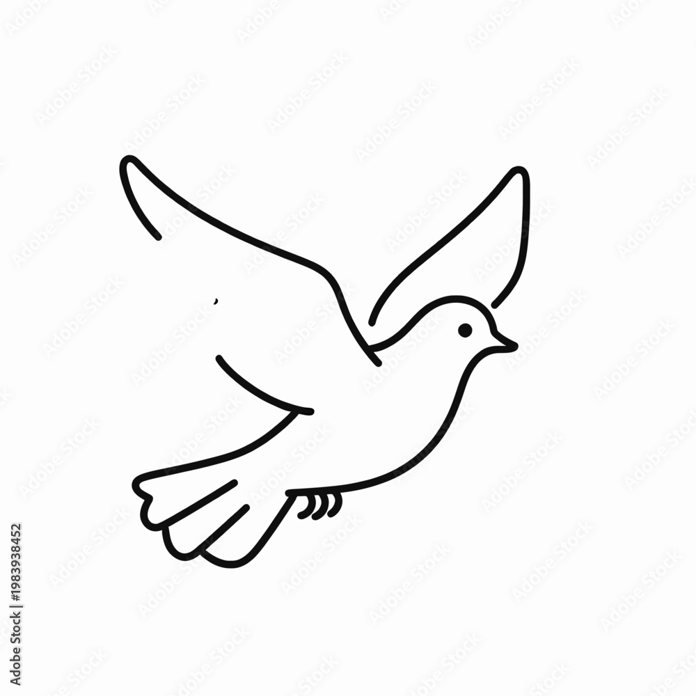 Fototapeta premium Minimalist flat vector illustration of a single white dove in mid-flight, elegant bird symbol representing peace and freedom, clean line art isolated on white background, concept of spirituality.