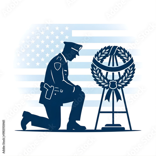 Police Officer Silhouette Kneeling at Memorial Wreath with American Flag Background, Law Enforcement Sacrifice and Remembrance Concept