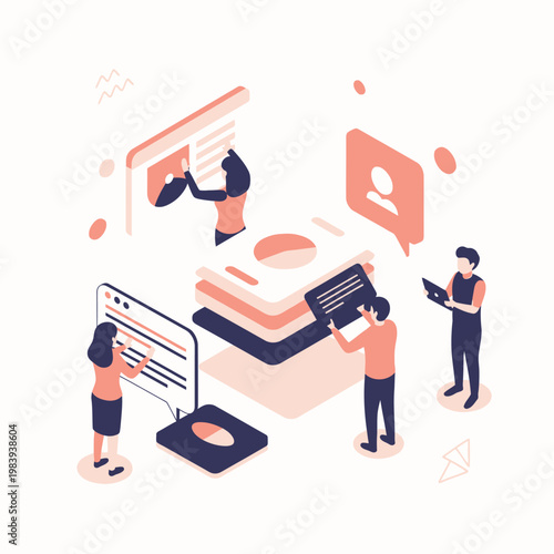 Isometric illustration of people working with data and technology.