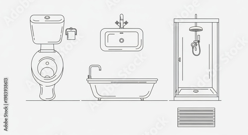 Bathroom fixtures illustration including toilet sink bathtub and shower.