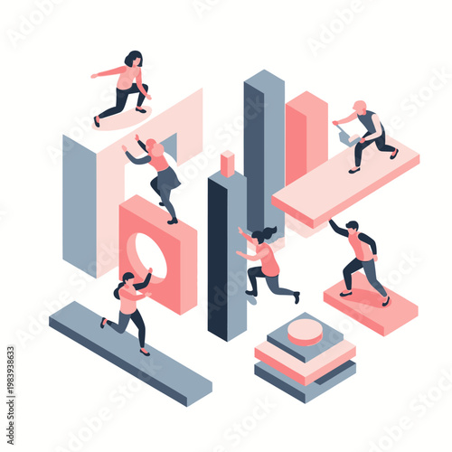 Isometric people overcoming obstacles and challenges in a business environment.