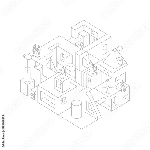 Isometric Line Art of Abstract Architectural Structure with Tiny Figures.