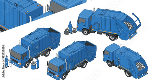 Vector Set of Blue Garbage Trucks with Side Loading Mechanism and Workers, Ideal for Waste Management, Recycling, and Environmental Services