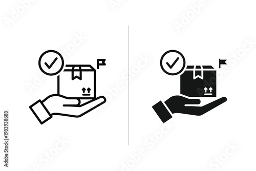 Hand holding delivered package with checkmark and flag, flat icon vector illustration