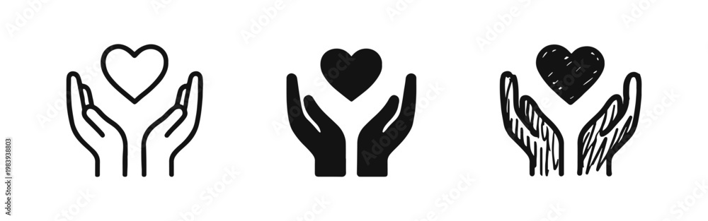 Obraz premium Hands Holding Heart Icon Set for Charity and Care in Outline, Solid, and Doodle Styles