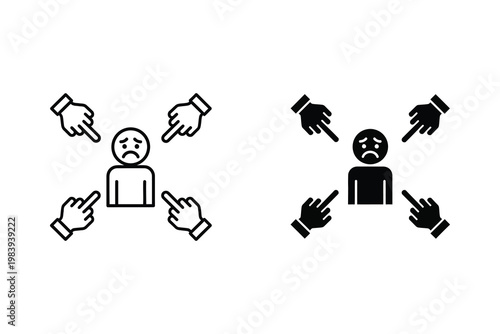 Sad person accused or blamed by pointing fingers, vector illustration set