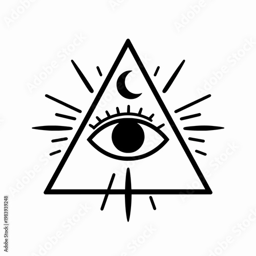 Mystical All-Seeing Eye in Geometric Triangle Vector Illustration, Celestial Alchemy Symbol with Crescent Moon and Sunbeams, Minimalist Spiritual Icon for Esoteric Concept, Isolated on White.