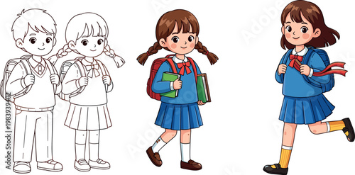 Cartoon-Style School Kids with Backpacks and Books, Featuring Boys and Girls in Uniforms, Ideal for Educational and School Designs