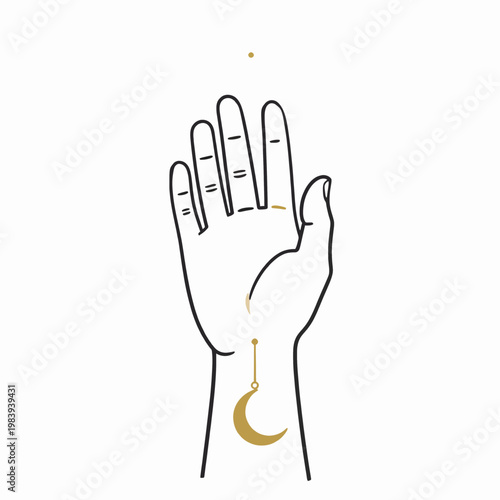 Mystical Hand with Crescent Moon and Celestial Symbols, Minimalist Flat Vector Illustration of Esoteric Occult Concept for Spiritual Wellness and Astrology, Isolated on White Background