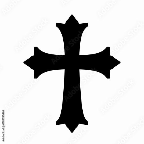 Ornate Gothic Cross Vector Illustration, Single Black Christian Crucifix Icon with Sharp Decorative Points and Intricate Heraldic Details, Minimalist Spiritual Symbol Isolated on White Background