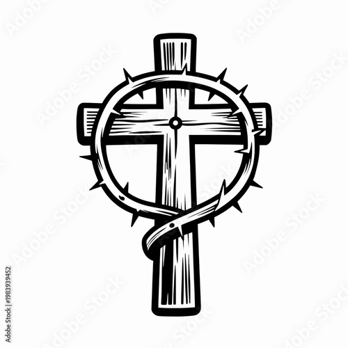 Black and White Flat Vector Illustration of a Single Ornate Wooden Cross with Crown of Thorns, Christian Religious Symbolism, Spiritual Faith Concept Isolated on White Background