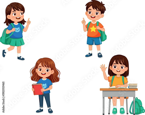 Vector Set of Cartoon-Style Kids with Backpacks, Books, and School Outfits, Perfect for Educational, School, and Child-Friendly Designs
