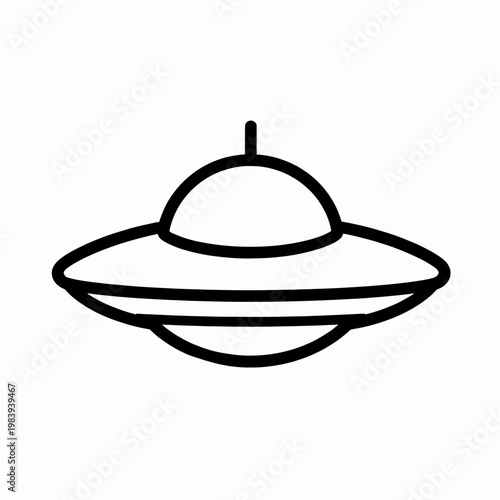 Minimalist flat vector illustration of a single UFO flying saucer icon, retro sci-fi mystery concept, bold black line art isolated on white background, extraterrestrial spacecraft graphic.