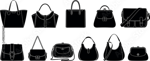 Elegant Black Silhouette Handbag Set Featuring Various Styles Including Tote, Satchel, Messenger, and Evening Bags for Women’s Fashion and Accessories