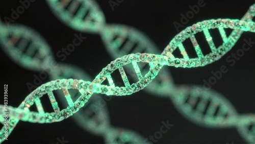 A closeup photograph of a double helix DNA structure with green highlights on a dark background