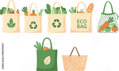 Eco-Friendly Grocery Bags Set Featuring Reusable Tote and Mesh Bags with Green Designs, Leaf, Recycling, and Organic Produce for Sustainable Shopping
