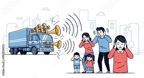 Family covering ears from loud truck horn noise pollution in city.