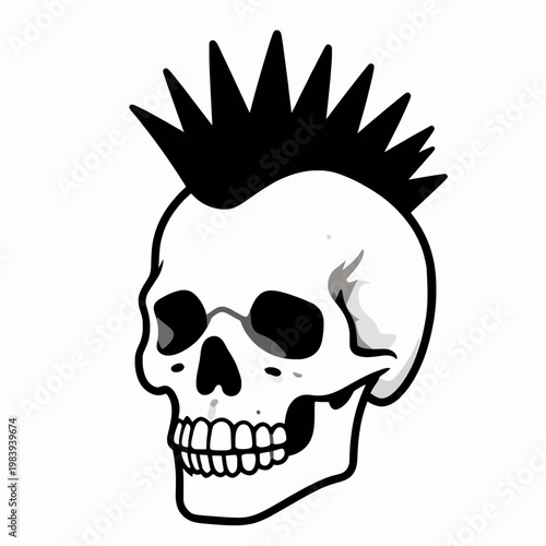Edgy flat vector illustration of a single punk human skull with a bold black mohawk, minimalist underground aesthetic icon for subculture design, isolated on white background, rebellious concept