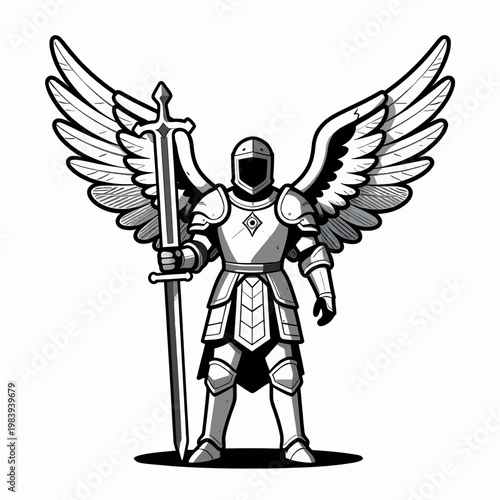 Stoic White Male Celestial Archangel Warrior in Ornate Silver Armor Holding Broadsword, Divine Guardian with Large Wings Isolated on White, Fantasy Concept Art for Protection and Faith