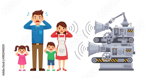 Family distressed by loud industrial noise from machinery.