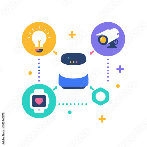 Smart home technology icon set showcasing connected devices like a lightbulb, smartwatch, security camera, and smart speaker for IoT concept