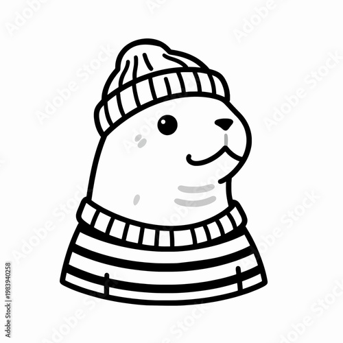 Minimalist flat vector illustration of a single walrus wearing a beanie and striped sweater, nautical themed animal character, isolated on white background, seafaring concept art.