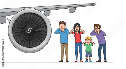 Family covering ears from loud airplane engine noise.