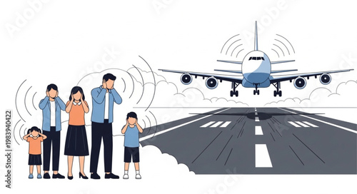 Family covering ears from loud airplane landing noise on runway.