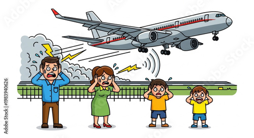 Family covering ears from loud airplane noise during takeoff.