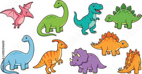 Cartoon Dinosaur Vector Set with Brontosaurus, T-Rex, Triceratops, Pterodactyl, and Stegosaurus for Kids, Animals, and Prehistoric Themes