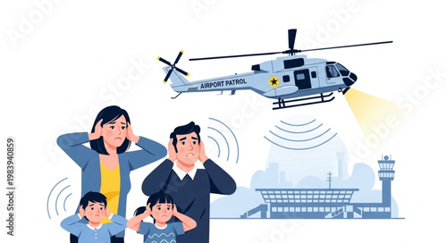 Family covering ears from loud helicopter noise near airport.