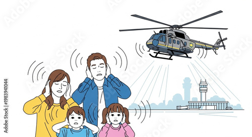 Family covering ears from loud helicopter noise pollution near airport.