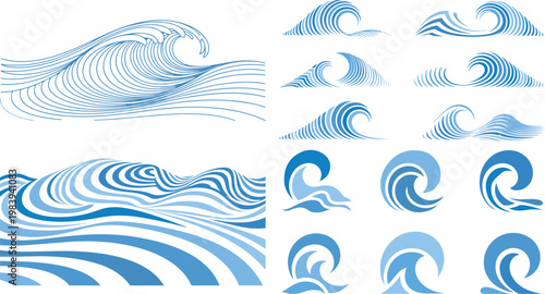 set of blue ocean wave graphics on white background