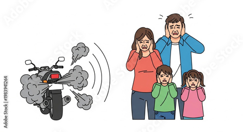Family covering ears from loud motorcycle exhaust smoke noise pollution.