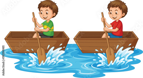 Cartoon Kids Rowing Wooden Boats Vector Illustration with Water Splash, Fun Outdoor Activity, and Summer Vacation Themes for Children
