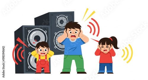 Family covering ears from loud music speakers.