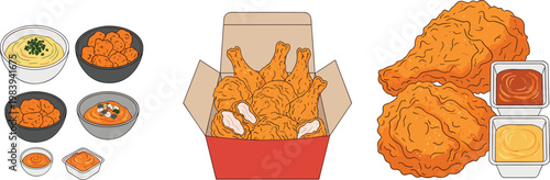 Fried Chicken Meal Collection with Crispy Chicken Pieces Sauce Dips and Rice Bowl Side Dishes Fast Food Vector Illustration Set