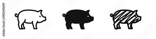 Pig Icon Set, Farm Animal Silhouette and Outline, Livestock and Agriculture Symbols, Outline Solid and Hand Drawn Styles